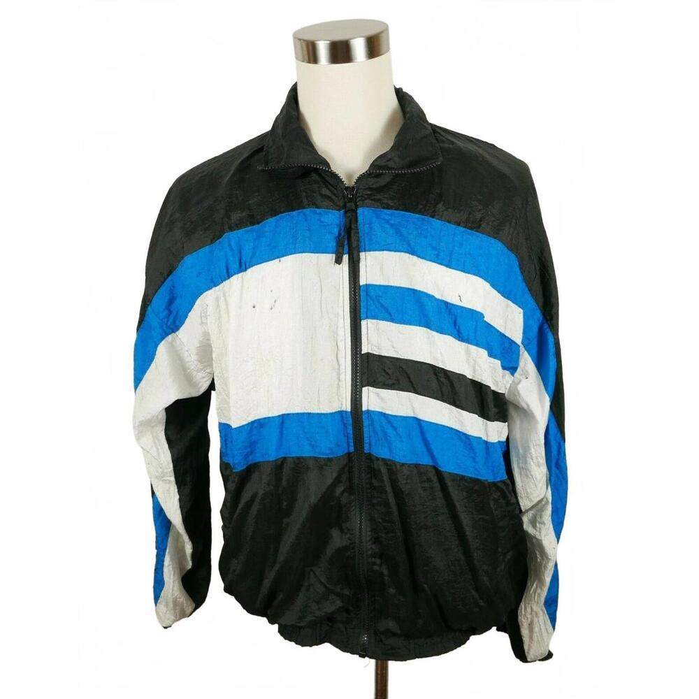 Pro Line Mens Soft Lined Full Zip Black Blue White Windbreaker Jacket M? Vintage